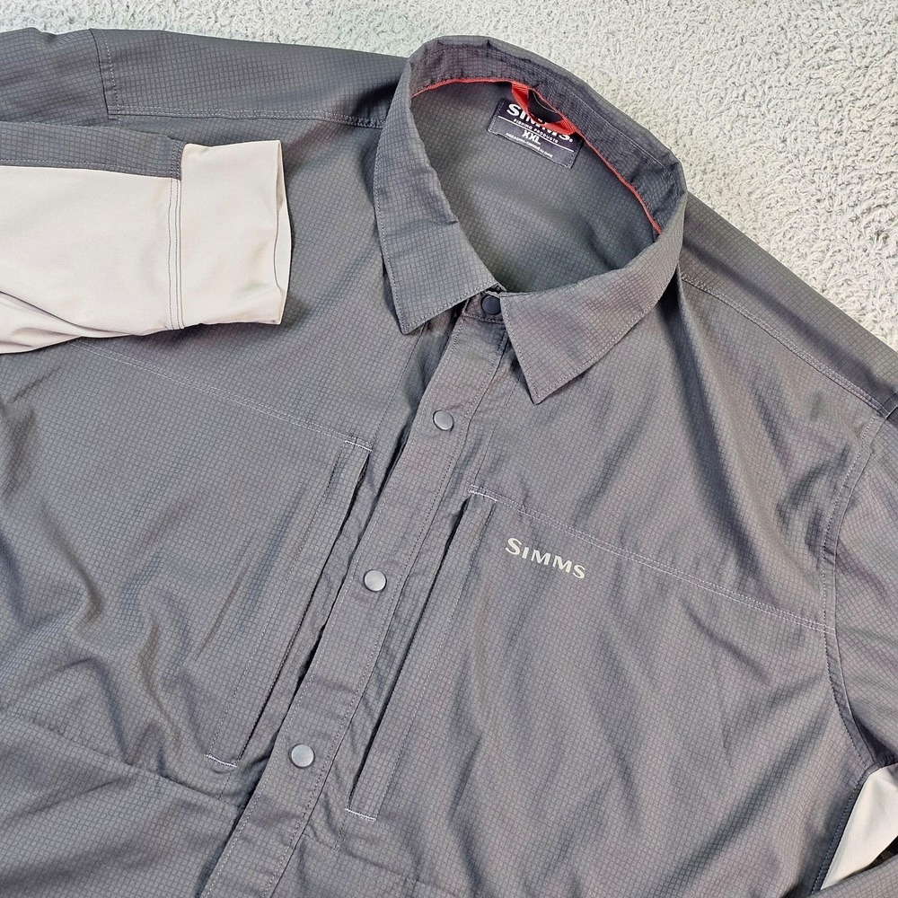 Simms Shirt Mens 2XL Gray Beige Long Sleeve Snap Front Fishing Performance
